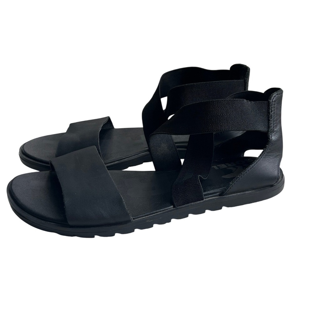 Sorel Ella II Black Leather Elastic Cross-Strap Flat Sandals Black Sz 8 Travel